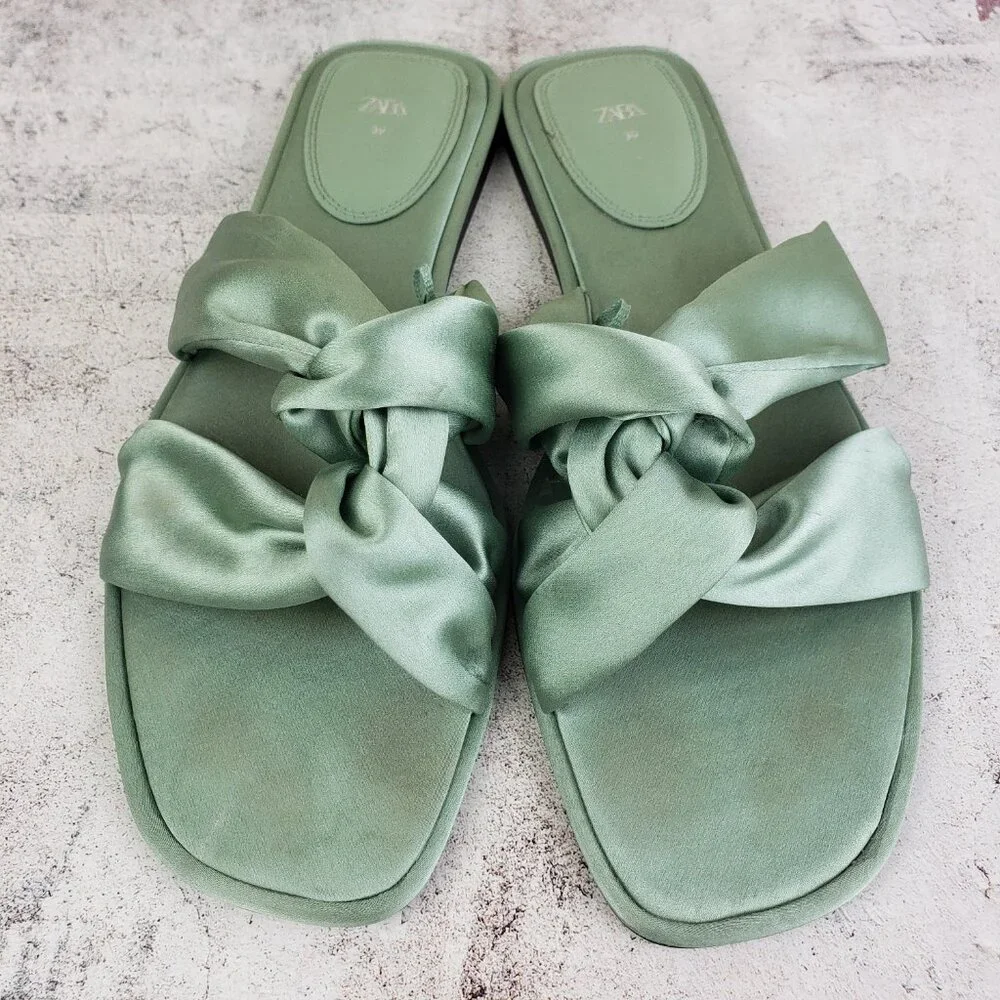 ZARA Knotted Flat Sandals Satin Flip Flops Green Bow Slippers size 39 US 8.5 - Picture 9 of 12